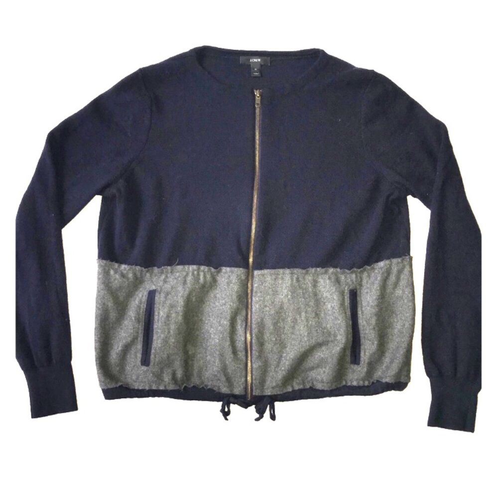 Navy blue and grey zip up wool jacket/cardigan.